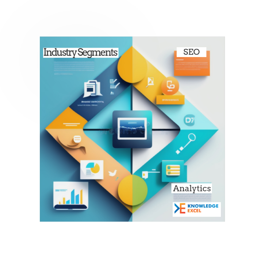 Illustration showing industry-specific digital analytics and SEO strategies driving visibility, engagement, and performance in healthcare, finance, retail, and education.